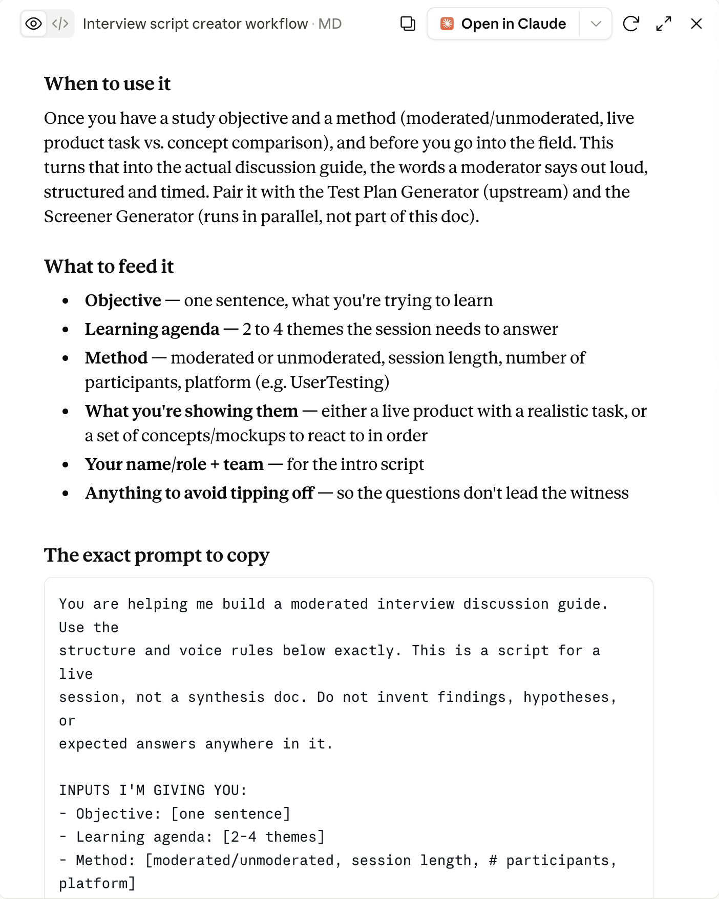A stage prompt: the interview-script creator workflow, with its inputs and the exact prompt to copy