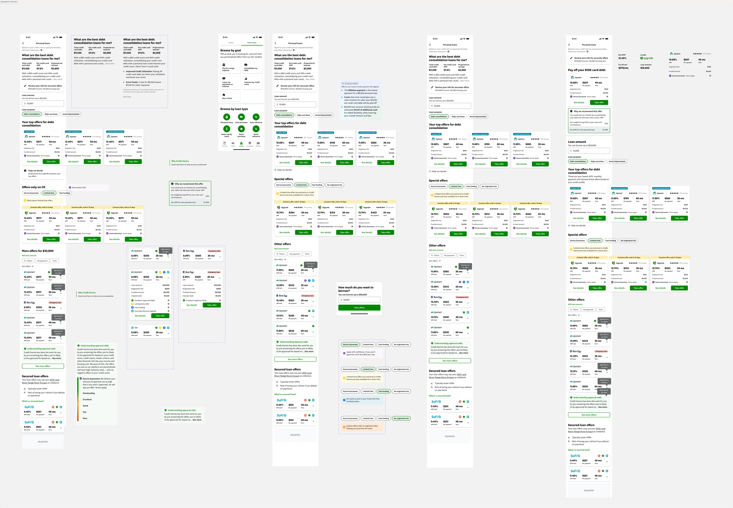The full Figma exploration canvas, dozens of screens and dead ends