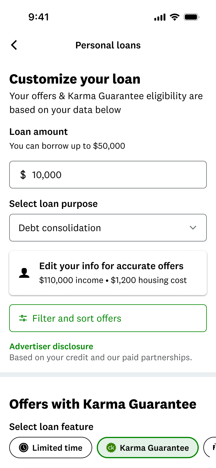 A full-width filter and sort button above the offer feed