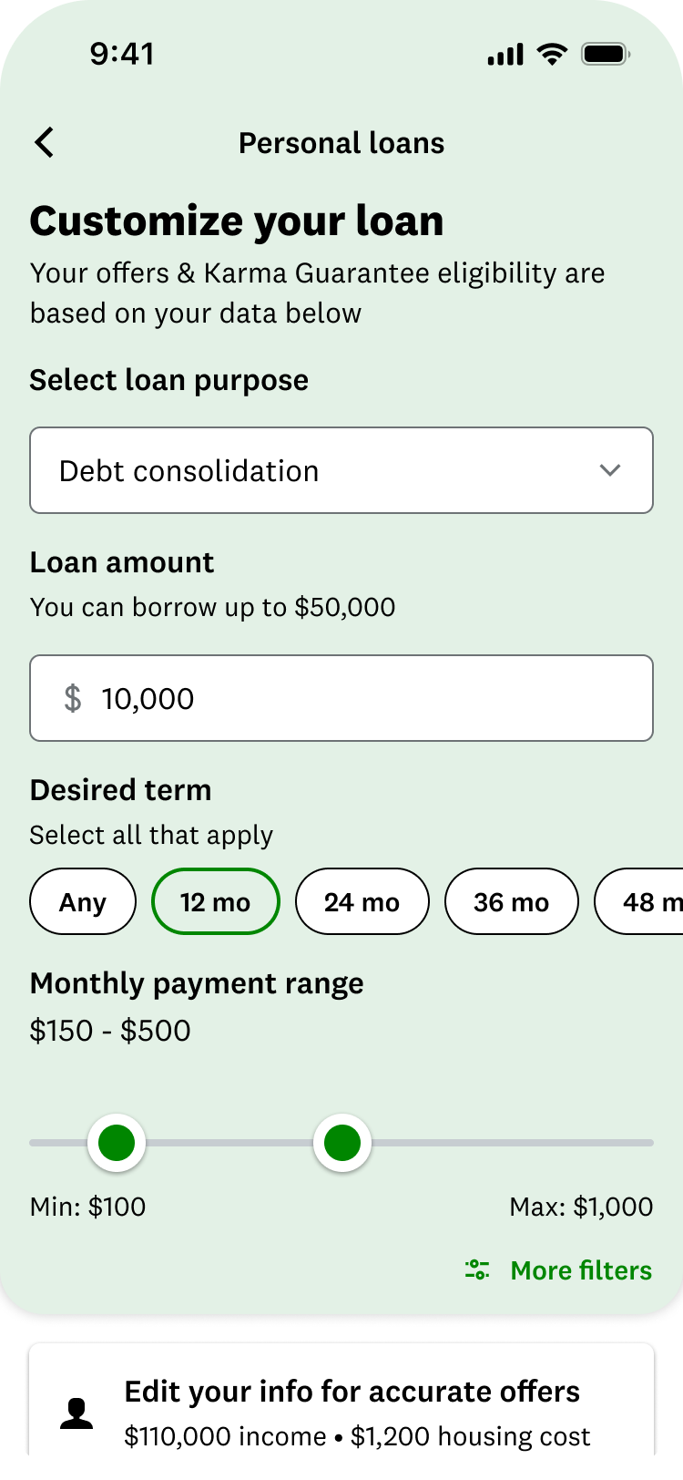Inline filter inputs placed directly in the marketplace page