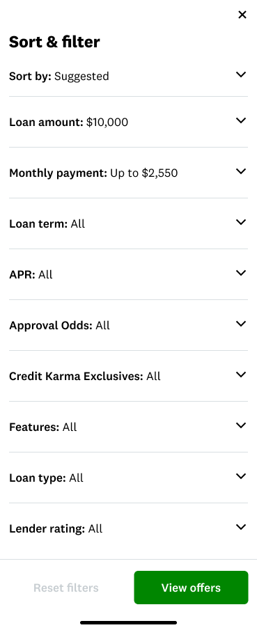 The same filter menu with each criterion collapsed into an accordion row