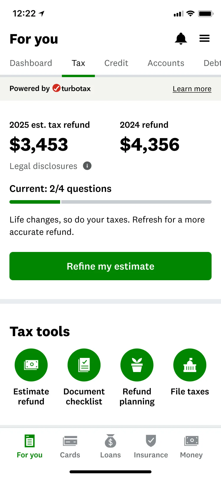 Variant showing this year's estimate next to last year's refund