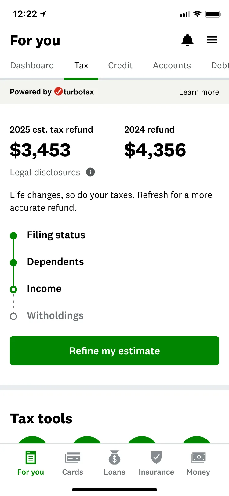 Variant with a step tracker across filing status, dependents, income, and withholdings