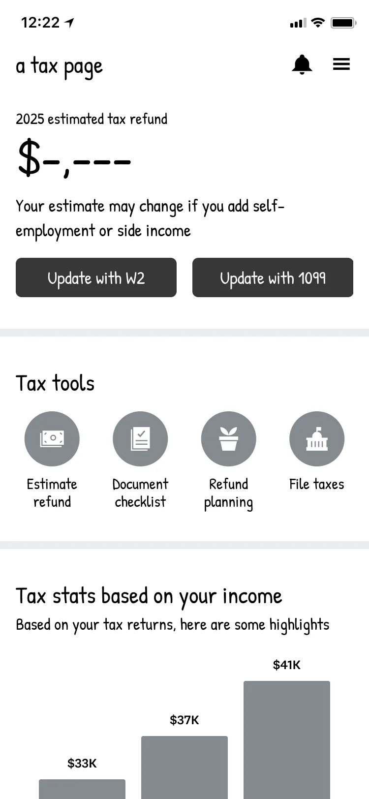 Front door that masks the estimate and offers to update with a W-2 or 1099